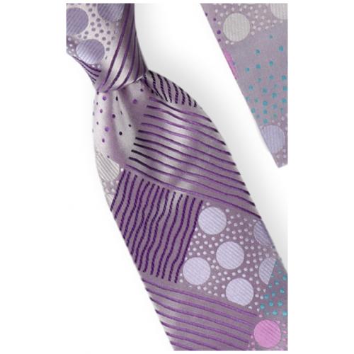 Steven Land "Big Knot" BW704 Lavender Multi Polka Dot / Striped 100% Silk Necktie / Hanky Set
